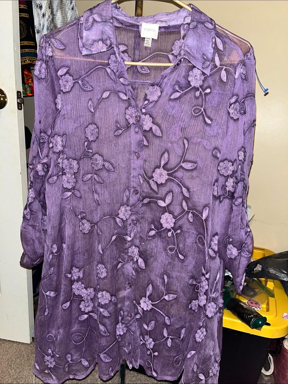 Cupio Purple Floral Sheer Button-Up Top